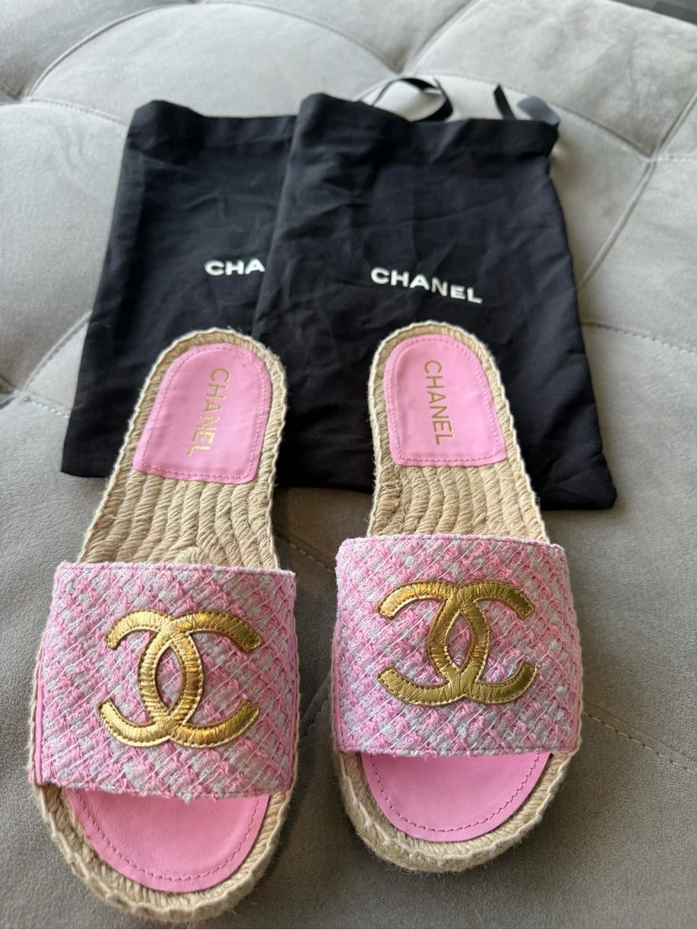 CHANEL Pink Tweed Slide Mules with Gold CC Emblem